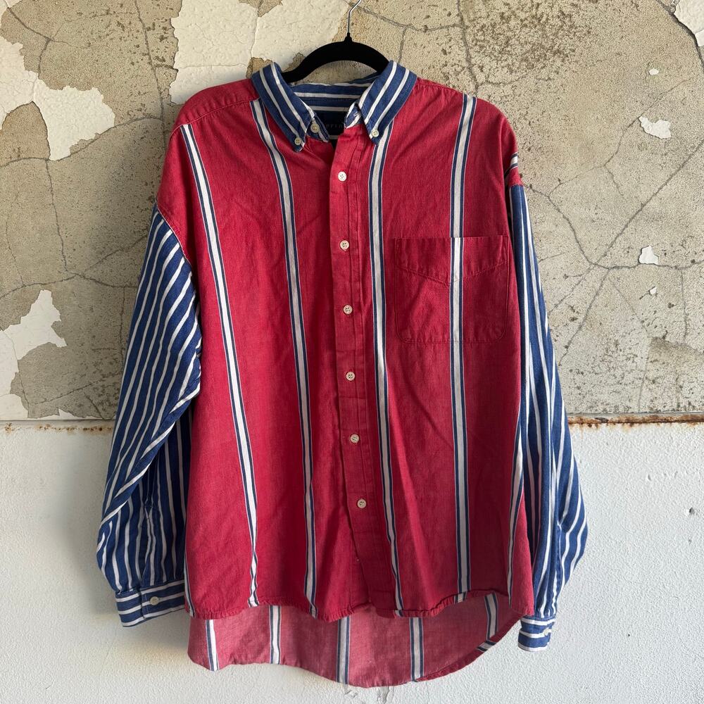 Vtg Striped Shirt Colorblock Oxford Button Down Long Sleeve‎ 100% Cotton Preppy